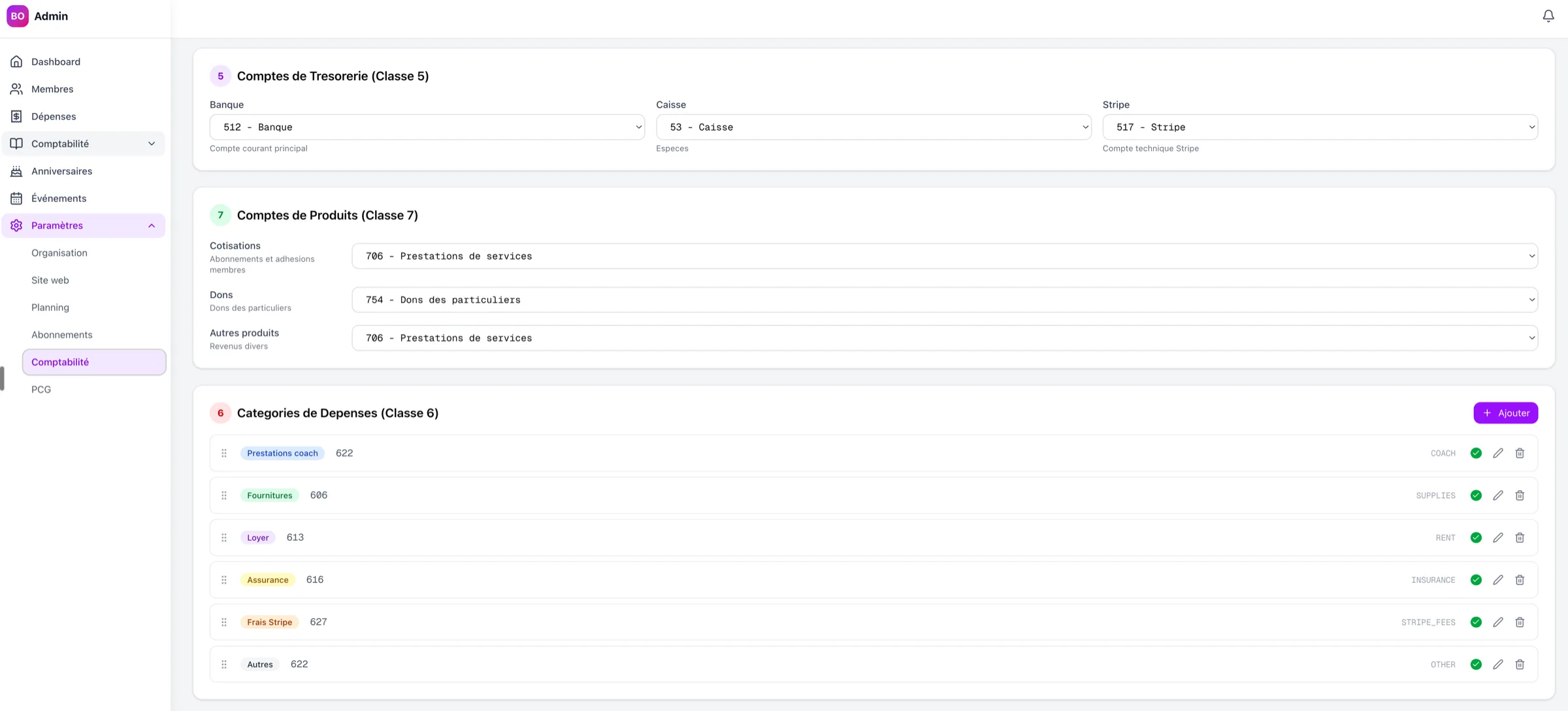 Barreômaitre accounting settings mapping the association onto the French Plan Comptable Général: treasury accounts for bank, cash and Stripe, revenue accounts for memberships and donations, and expense categories for coaching, supplies, rent, insurance and Stripe fees