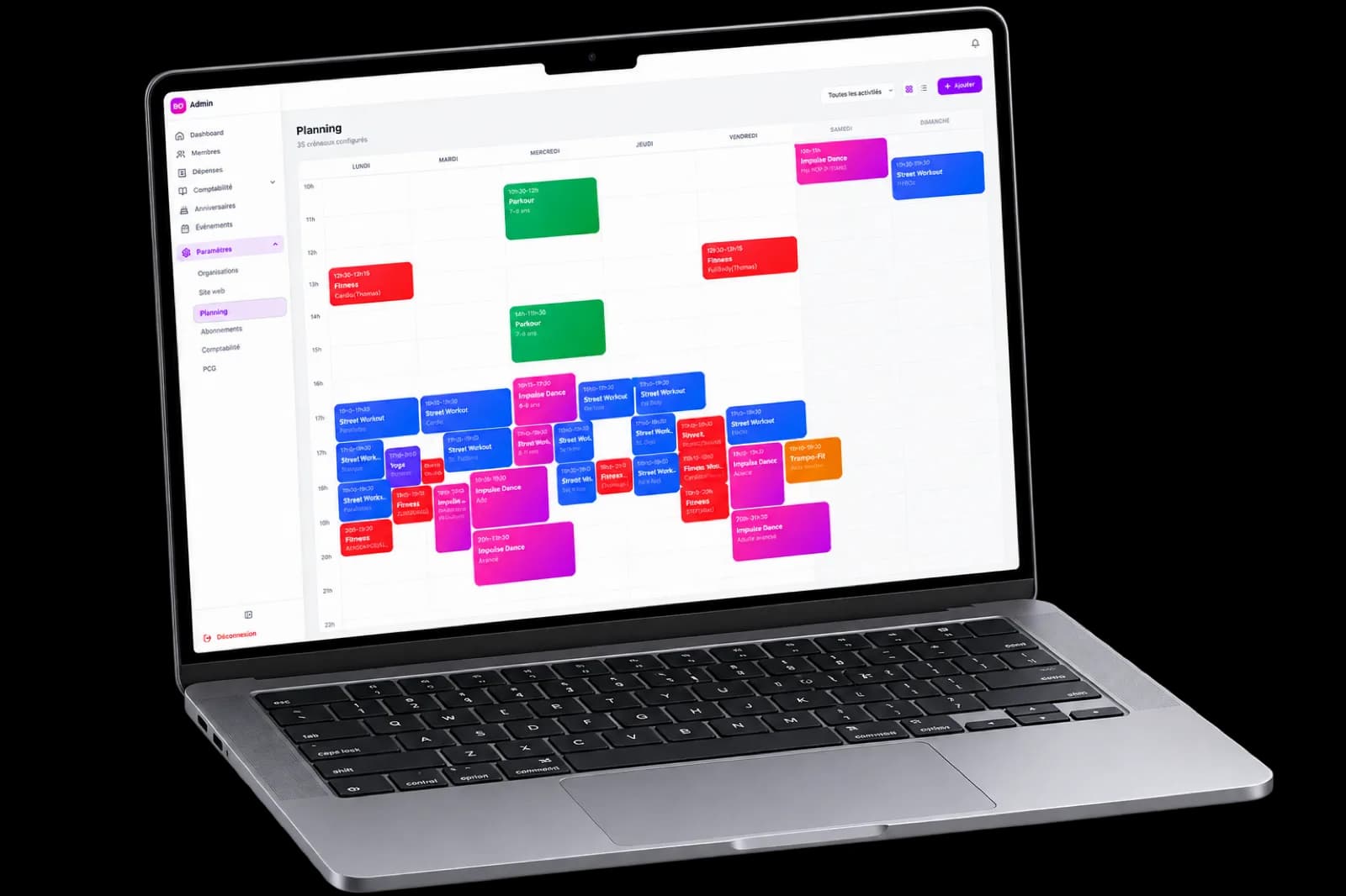 Barreômaitre admin planning grid laying out every configured class slot across the week, colour-coded by discipline and editable from one screen