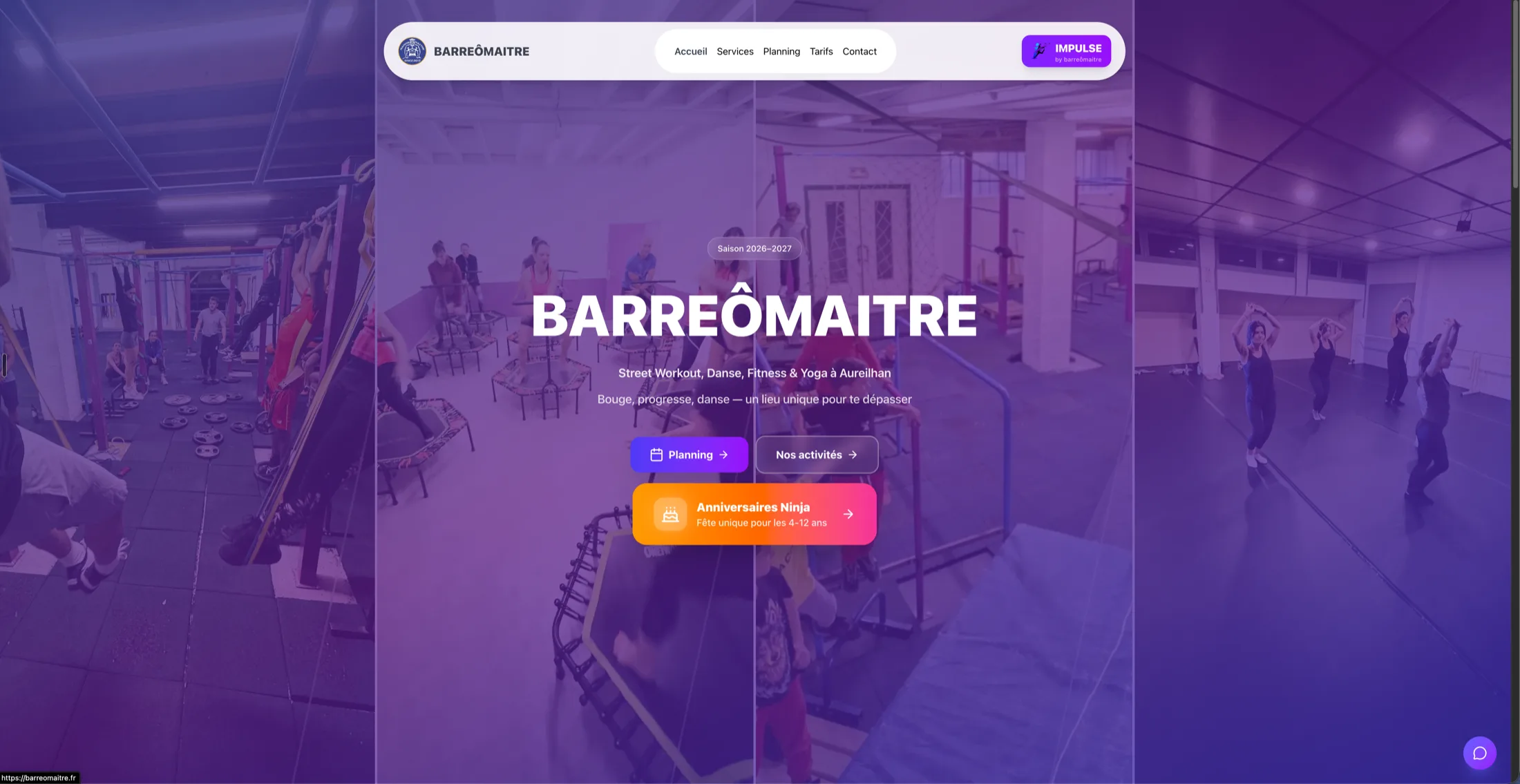 Barreômaitre home page for the 2026–2027 season, built from a montage of the association's own training halls, with entry points to the timetable, the activities and children's ninja birthday parties