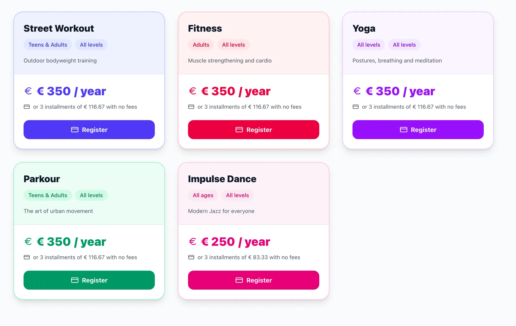 Barreômaitre membership cards for street workout, fitness, yoga, parkour and Impulse dance, each showing its audience, annual price and an interest-free instalment option with a register button