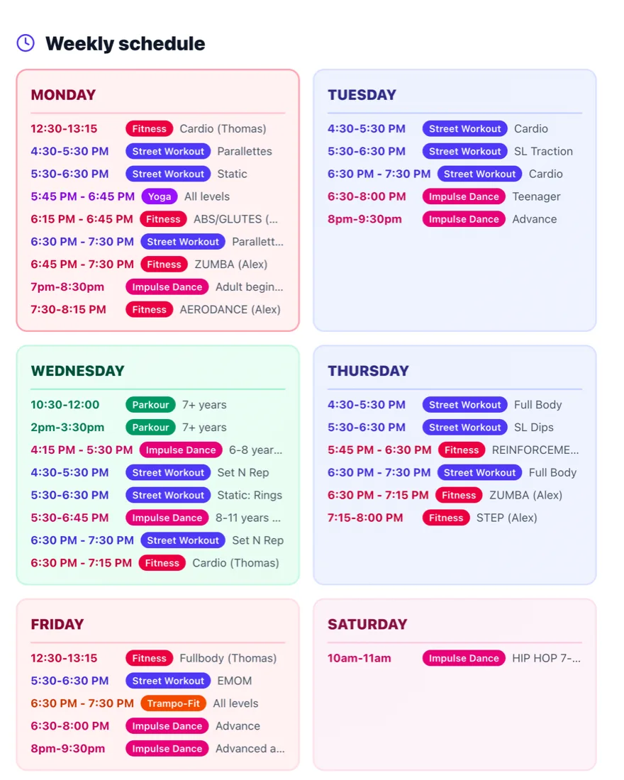 Public weekly timetable, every class tagged by discipline — street workout, fitness, yoga, parkour, trampo-fit and Impulse dance — with times, levels and coach names