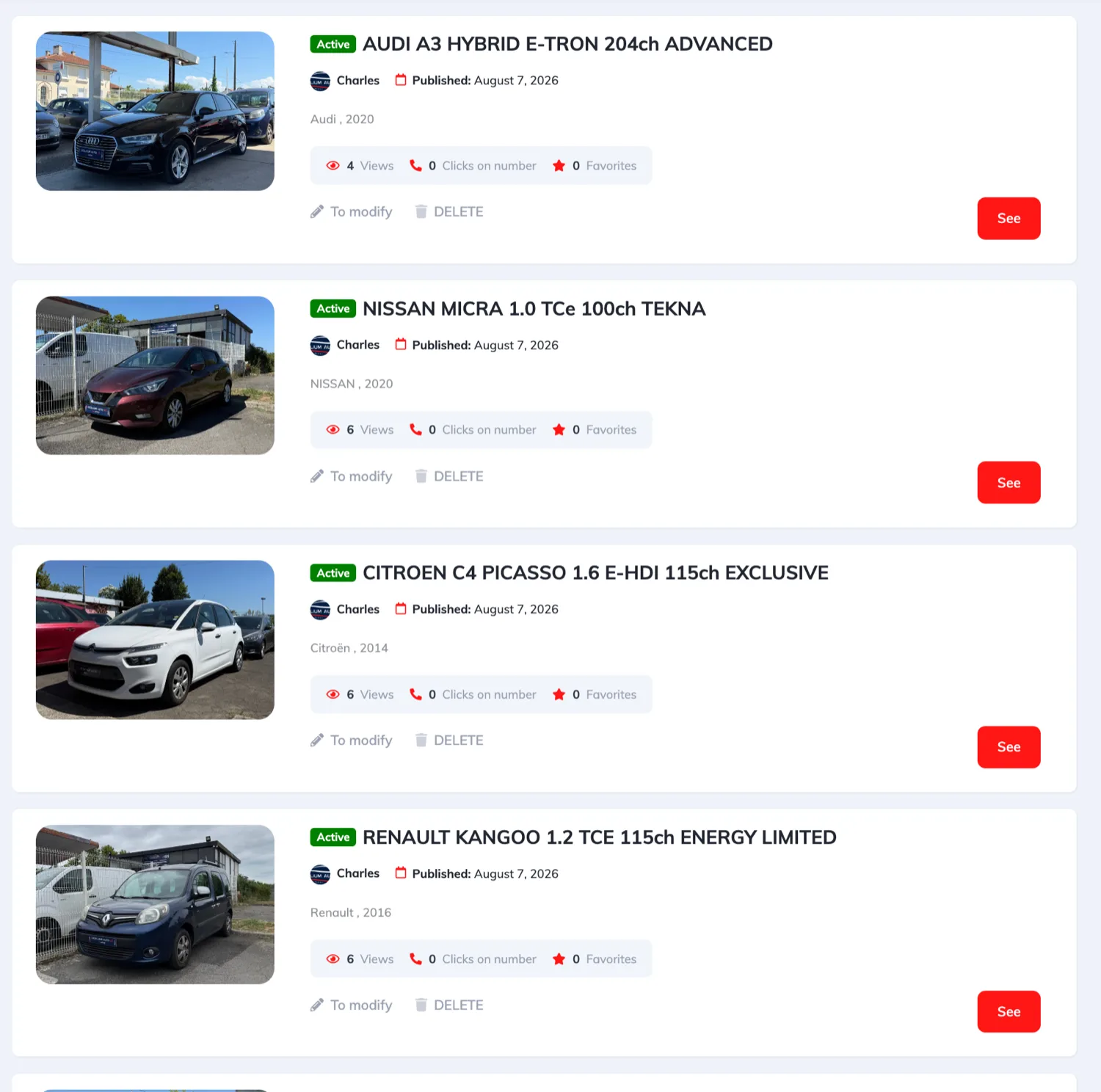 Excellium Auto 65 dealer back office listing active vehicles with publication dates and per-listing analytics — views, phone reveals and saves — plus edit and delete controls