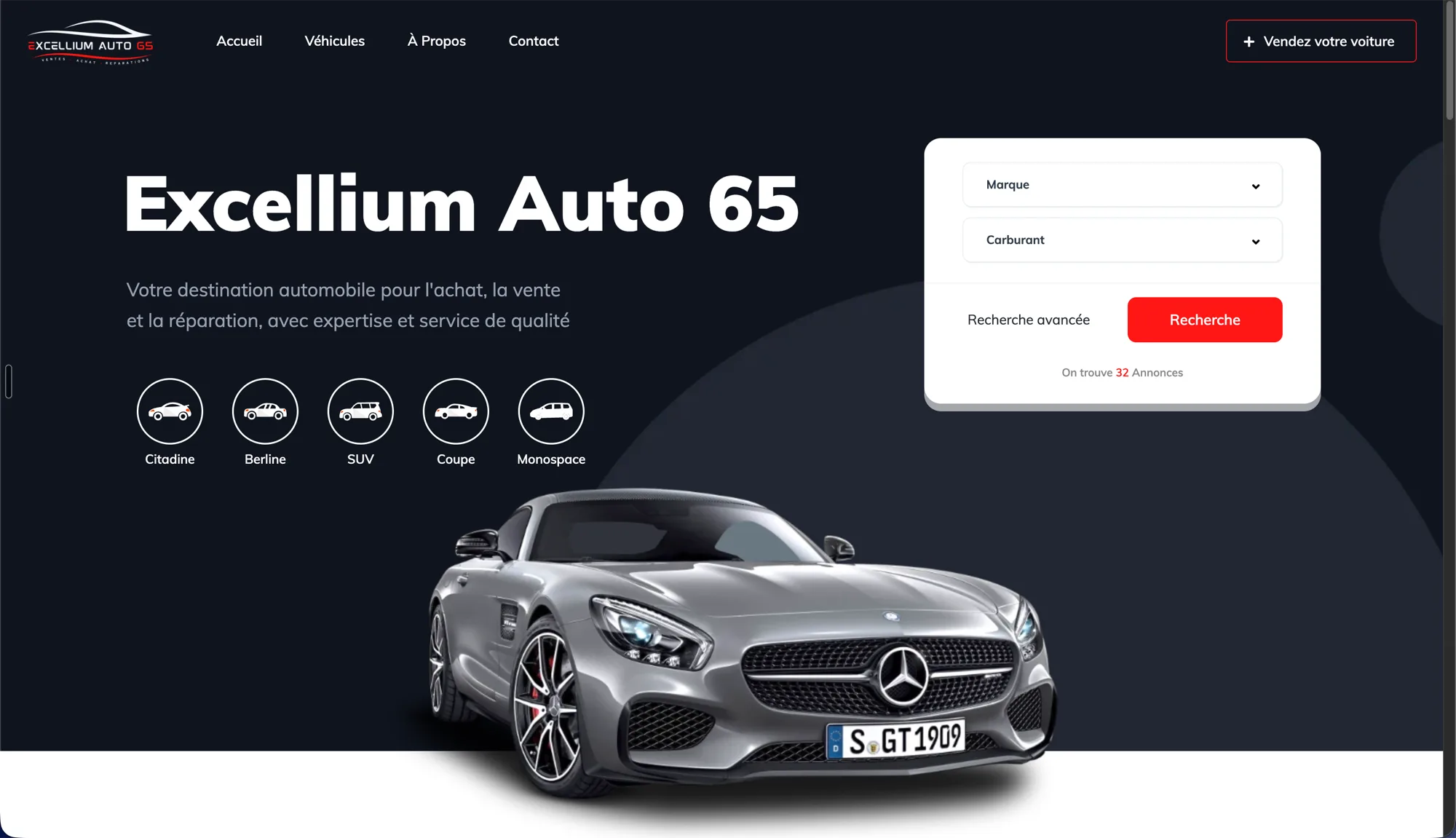 Excellium Auto 65 home page with the dealership search panel — brand, fuel and advanced search — above quick filters for city car, saloon, SUV, coupé and people carrier
