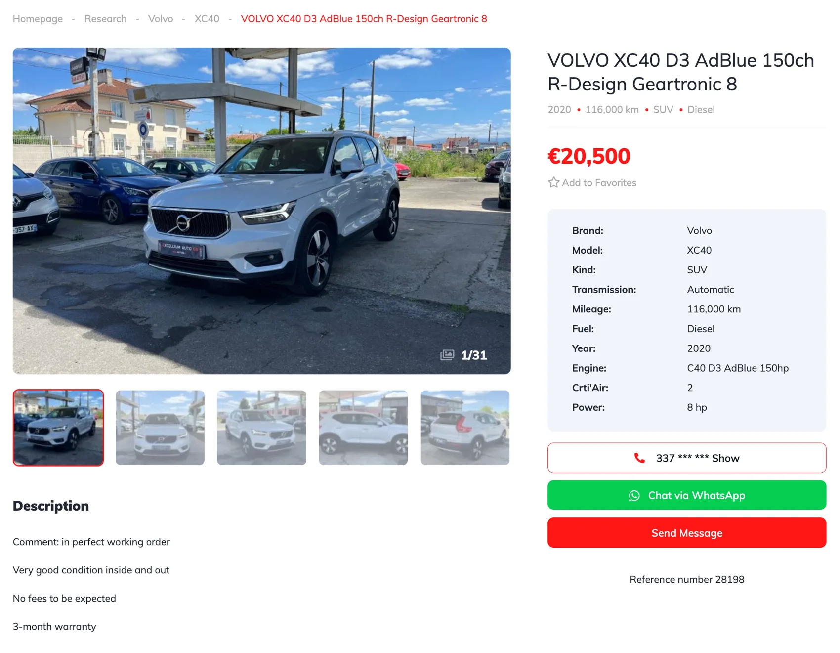 Excellium Auto 65 vehicle page with a full specification table — brand, model, transmission, mileage, fuel, year, engine and emissions rating — a multi-photo gallery, and phone and WhatsApp contact