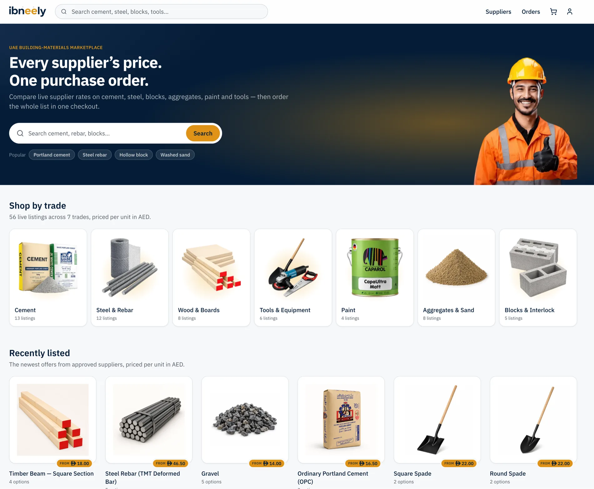 Ibneely marketplace home page headlined “Every supplier's price. One purchase order.”, with trade categories for cement, steel, wood, tools, paint, aggregates and blocks above recently listed offers priced in AED