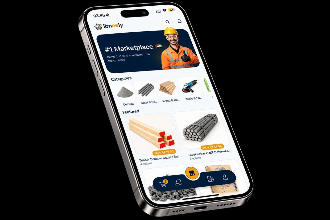 Ibneely mobile app home screen with trade categories and featured materials, and a cart badge in the bottom navigation