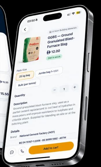 Ibneely mobile product page for ground granulated blast-furnace slag, with pack-size options, live stock, the manufacturer brand and the British and ASTM standards the product is certified to