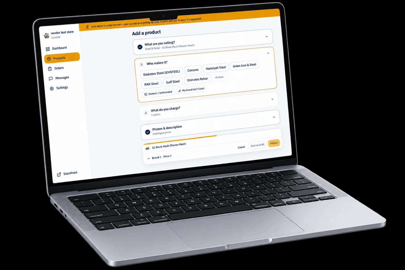 Ibneely supplier portal on desktop: a guided add-a-product flow with the store still under review, showing trade selection, a brand picker listing UAE steel manufacturers, pricing options and catalogue photos