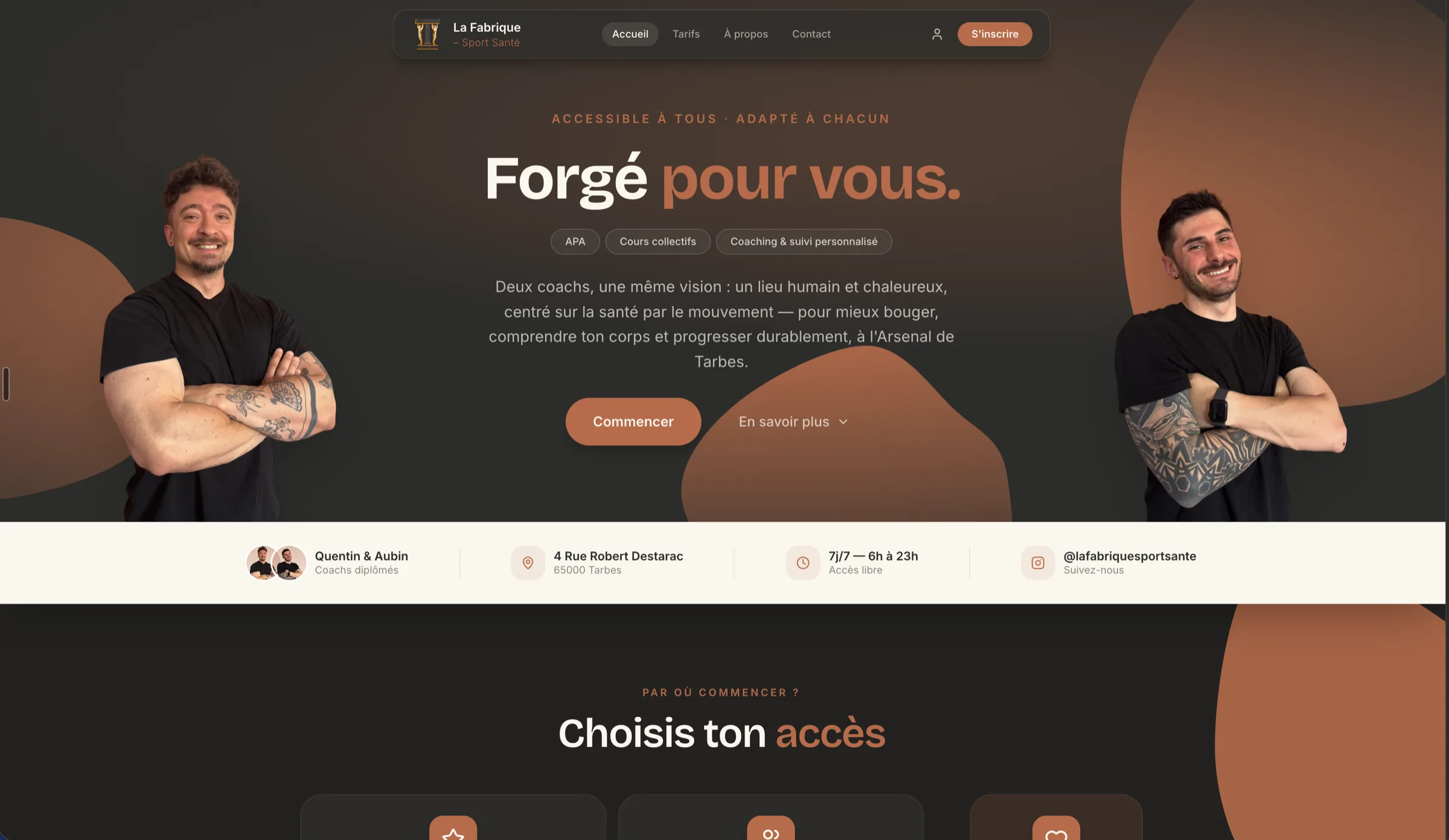 La Fabrique Sport Santé home page introducing the Tarbes centre, its coaching team and membership options