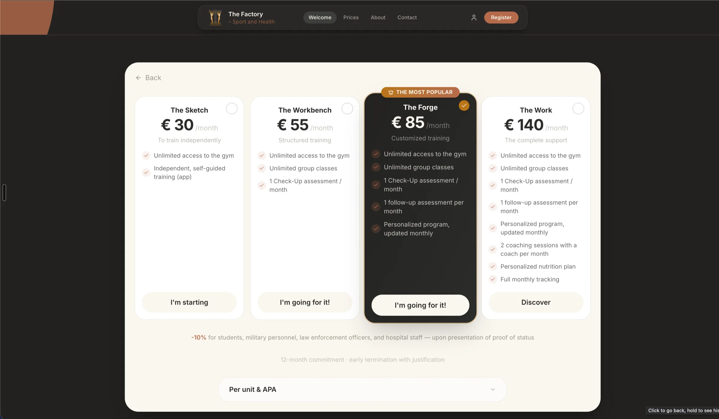 Membership tiers in the member portal, from independent gym access to fully coached plans with monthly assessments, personalised programmes and nutrition planning