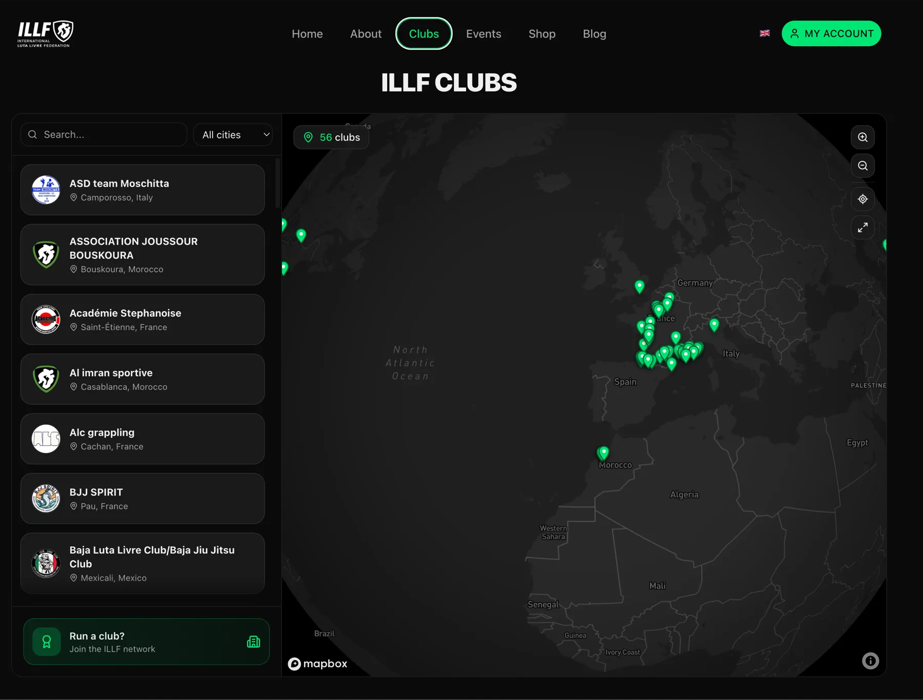 ILLF club directory in English: an interactive Mapbox globe with pins for affiliated clubs, beside a searchable list showing each club's logo, name and city across France, Italy, Morocco and Mexico