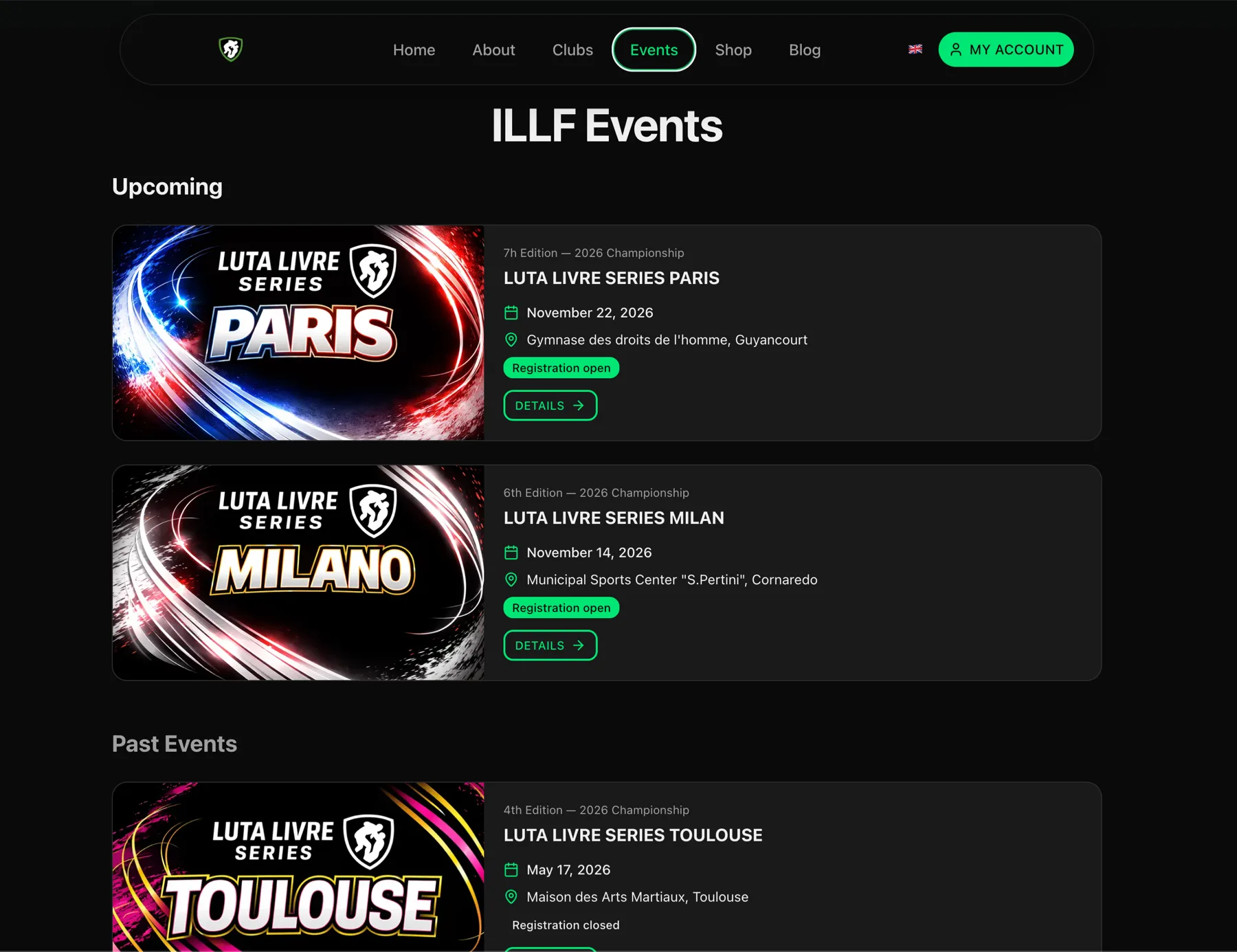 ILLF events page listing upcoming Luta Livre Series championships in Paris and Milan with dates, venues, edition numbers and registration status, above an archive of past events