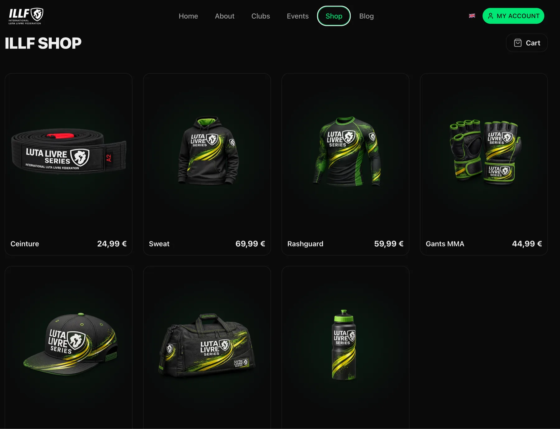 ILLF official store in English: branded belts, hoodies, rashguards, MMA gloves, caps, gym bags and bottles with euro pricing and a cart