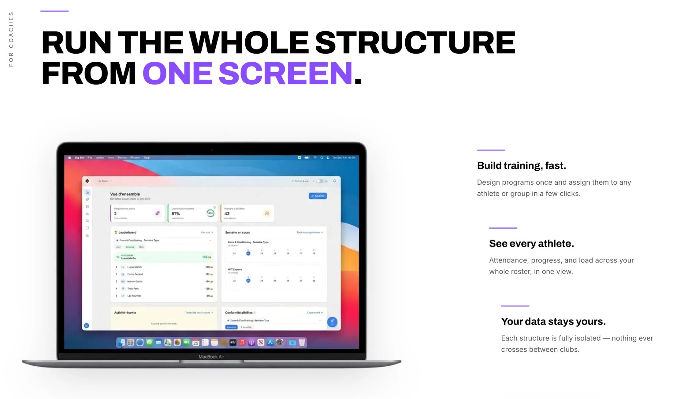 Wibock coach dashboard on desktop: active programmes, average compliance and athlete count, alongside a leaderboard, the current training week and a per-athlete compliance panel