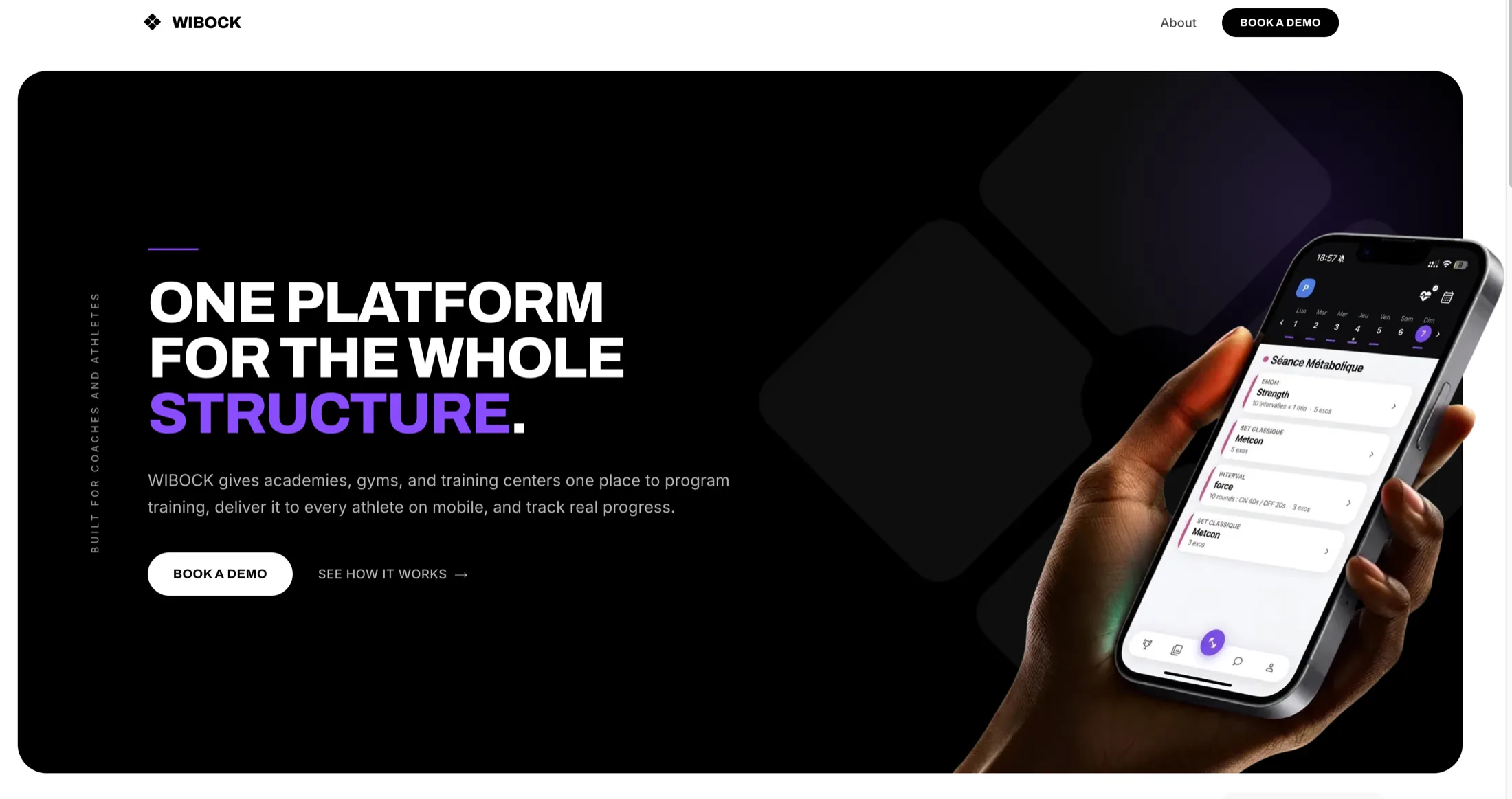 Wibock landing page headlined “One platform for the whole structure”, with the athlete mobile app shown on a phone displaying a metabolic session broken into EMOM, Metcon and interval blocks